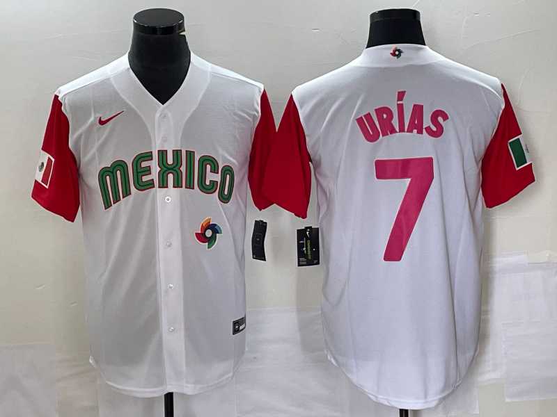 Men%27s Mexico Baseball #7 Julio Urias Number 2023 White Red World Classic Stitched Jersey 31